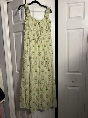 Light Green Floral Maxi Dress with Ruffle Straps